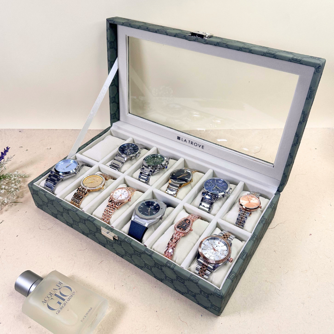 Designer 12-Slot Watch Box with Glass Top